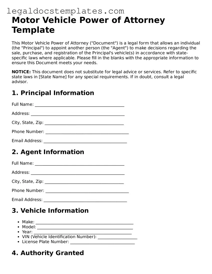 Printable Motor Vehicle Power of Attorney Template