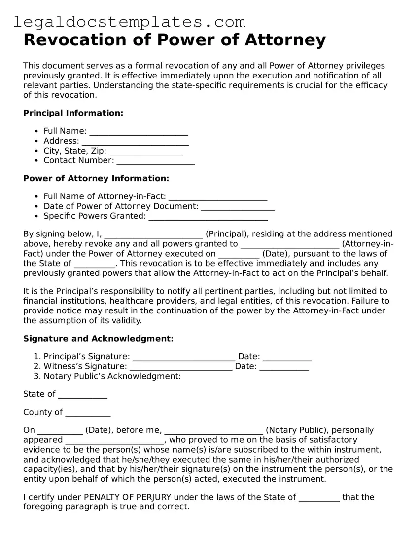 Printable Revocation of Power of Attorney Template
