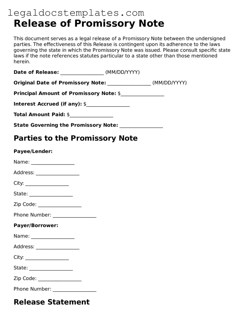 Printable Release of Promissory Note Template