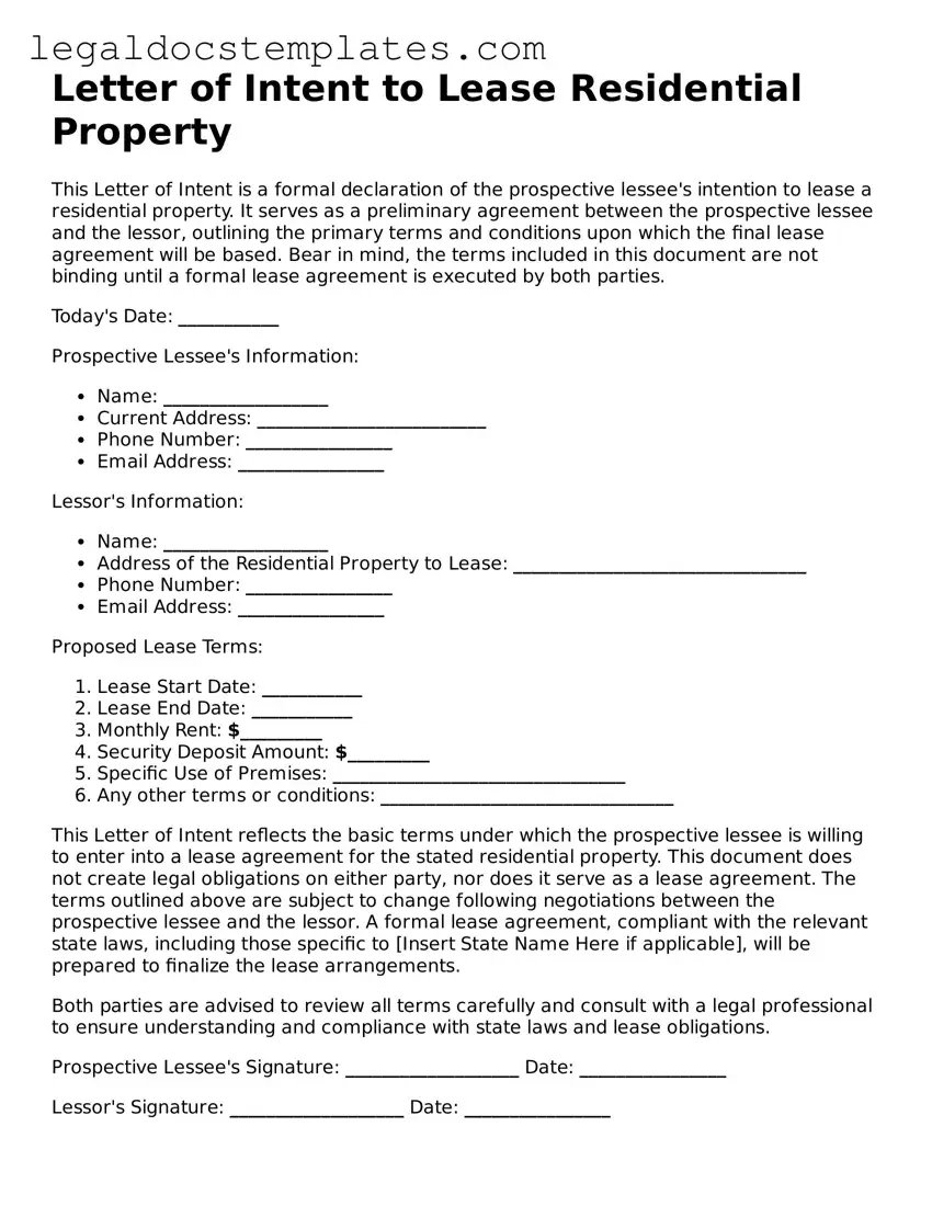 Printable Letter of Intent to Lease Residential Property Template