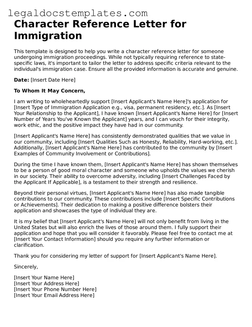 Printable Character Reference Letter for Immigration Template
