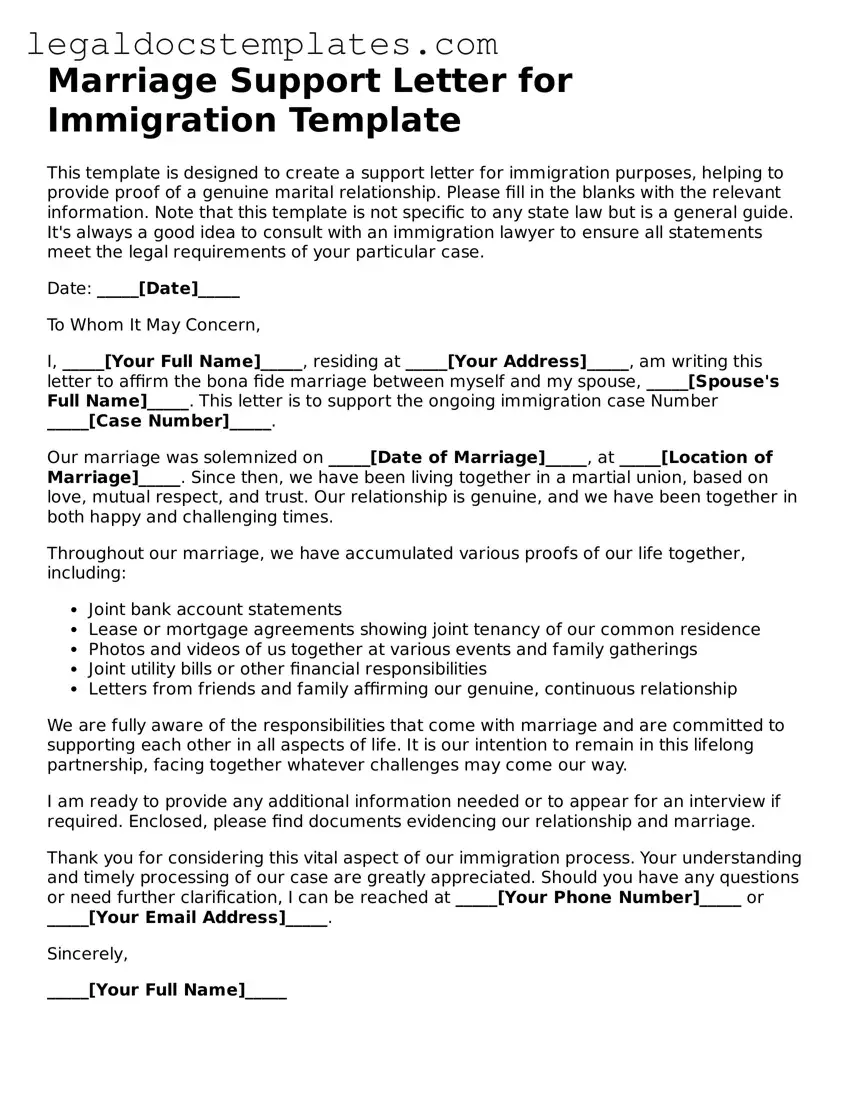 Printable Marriage Support Letter for Immigration Template