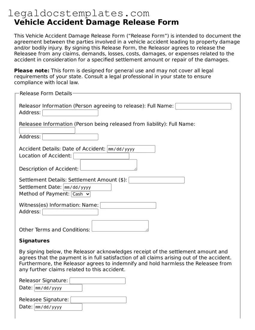 Printable Vehicle Accident Damage Release Template