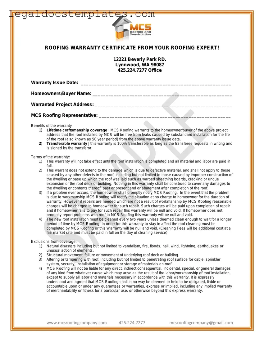 Fill Out Your Roofing Warranty Certificate Template