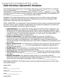 Printable Hold Harmless Agreement Template