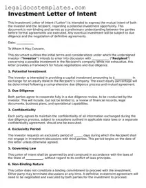 Printable Investment Letter of Intent Template