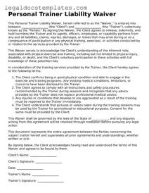 Printable Personal Trainer Liability Waiver Template