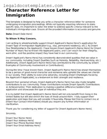 Printable Character Reference Letter for Immigration Template