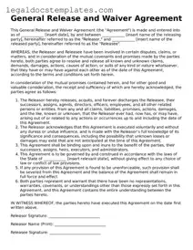 Printable General Release and Waiver Template
