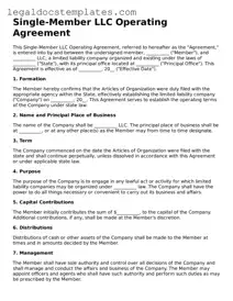 Printable Single-Member Operating Agreement Template
