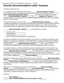 Printable Sorority Recommendation Letter Template