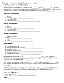 Printable Promissory Note for a Car Template