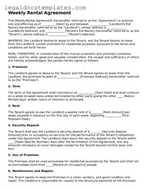 Printable Weekly Rental Agreement Template
