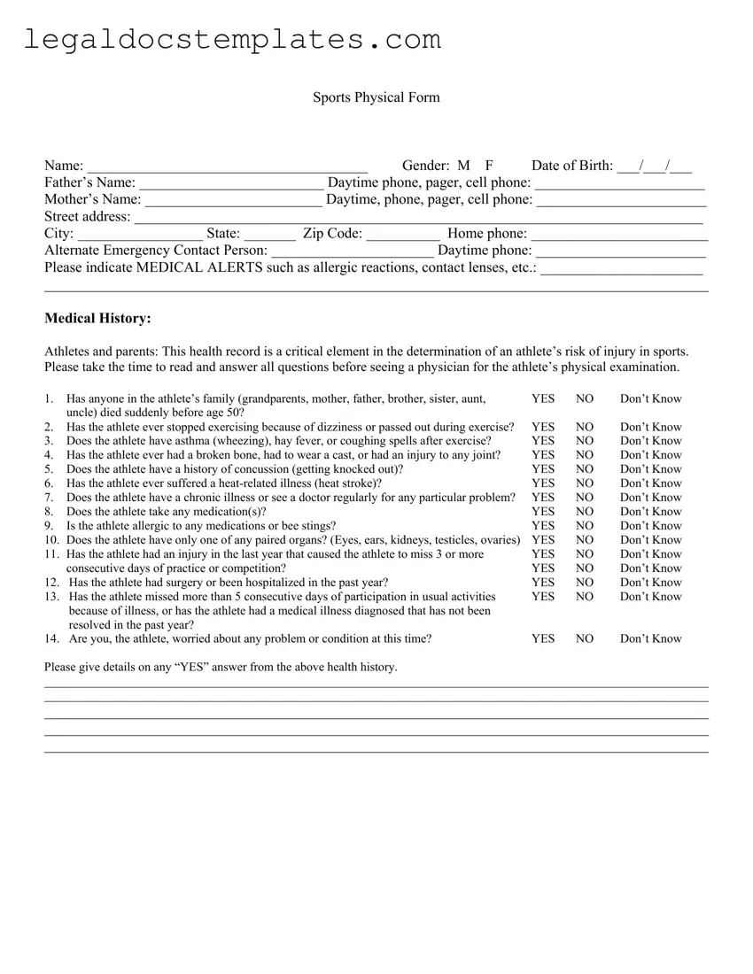 Fill Out Your Sports Physical Template
