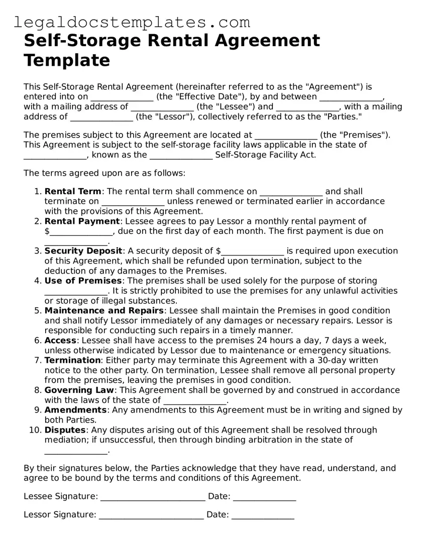 Printable Self-Storage Rental Agreement Template