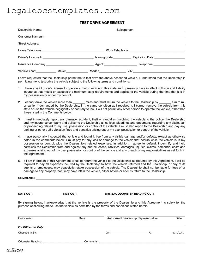 Fill Out Your Test Drive Template
