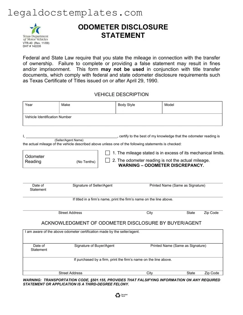 Fill Out Your Texas Odometer Statement Template