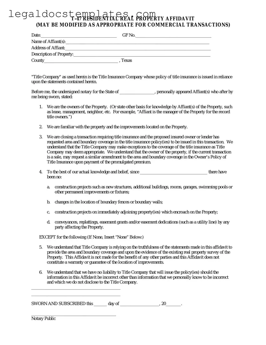 Fill Out Your Texas residential property affidavit T-47 Template