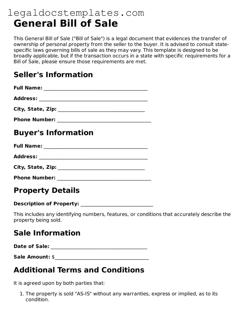 Printable General Bill of Sale Template