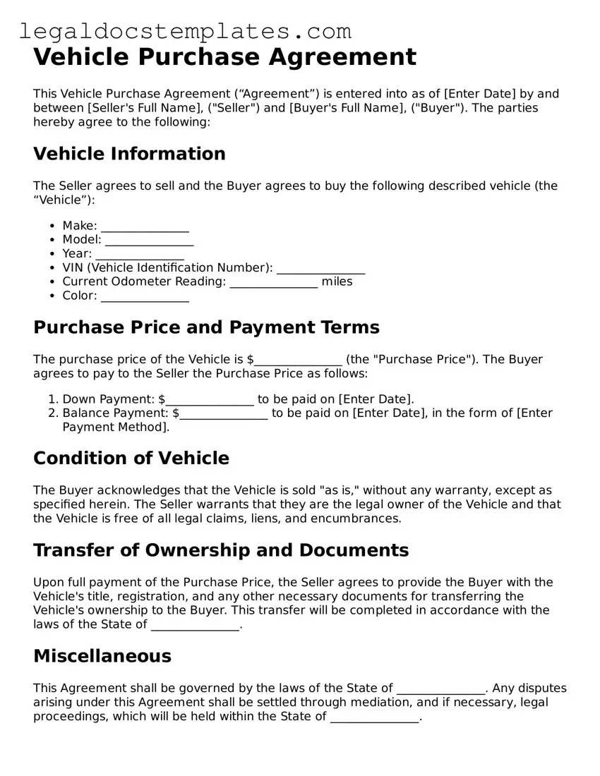 Printable Vehicle Purchase Agreement Template